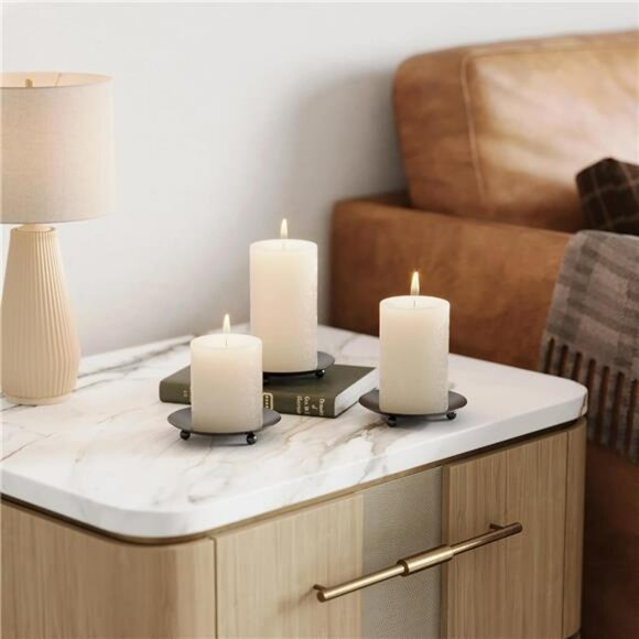 Set of 2 black metal pillar candle holders round candle plates for table decor - Picture 7 of 8